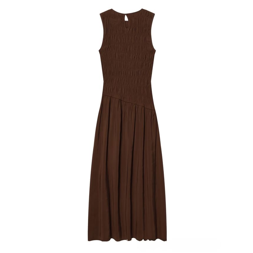 Sleeveless Round Neck Plain Shirred Panel Maxi A-Line Dress