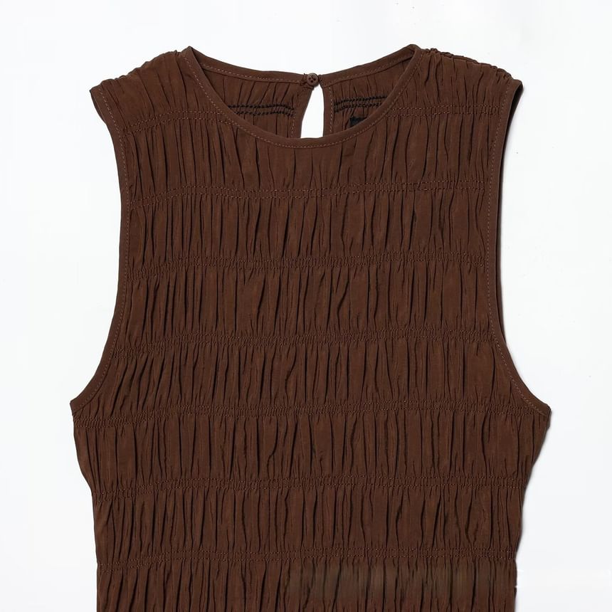 Sleeveless Round Neck Plain Shirred Panel Maxi A-Line Dress