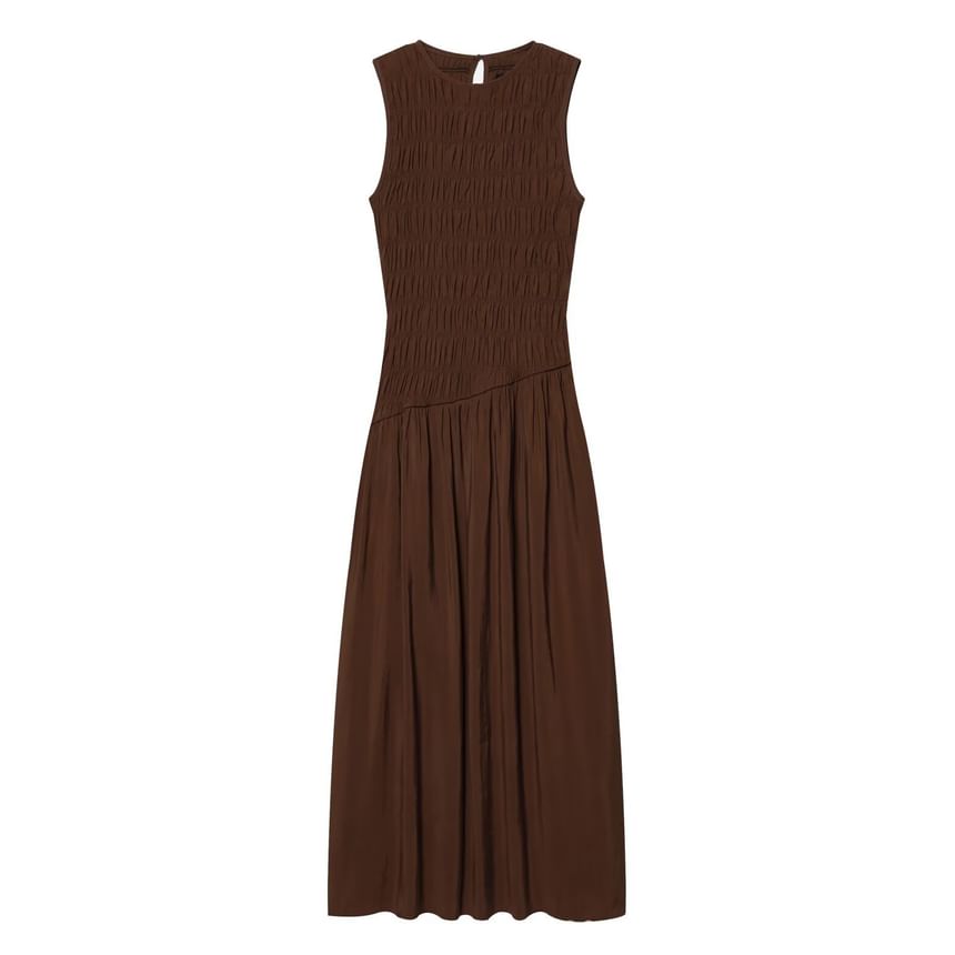 Sleeveless Round Neck Plain Shirred Panel Maxi A-Line Dress