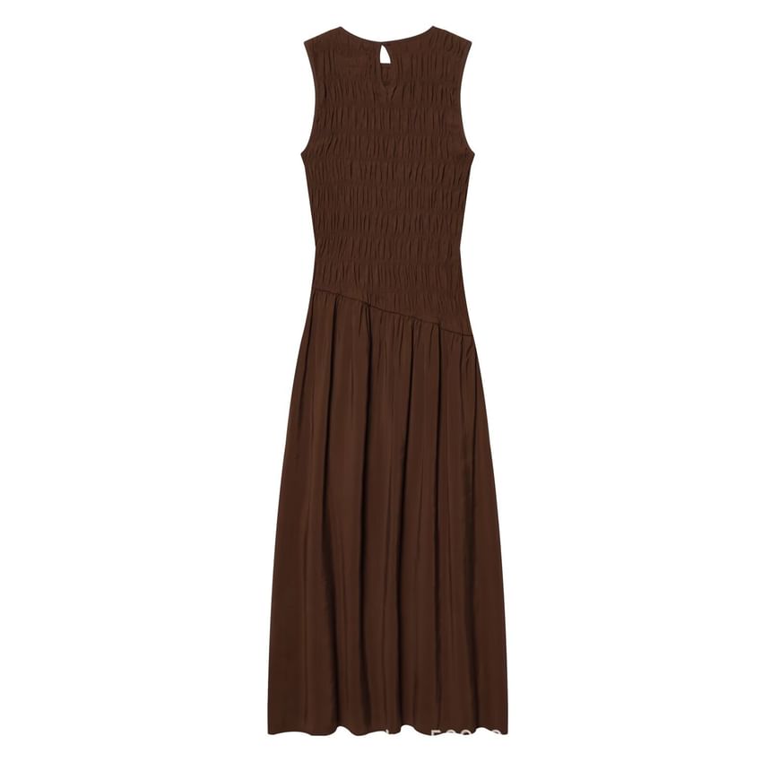 Sleeveless Round Neck Plain Shirred Panel Maxi A-Line Dress