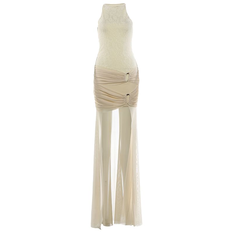 Halter Ruched Asymmetrical Lace Maxi Sheath Dress