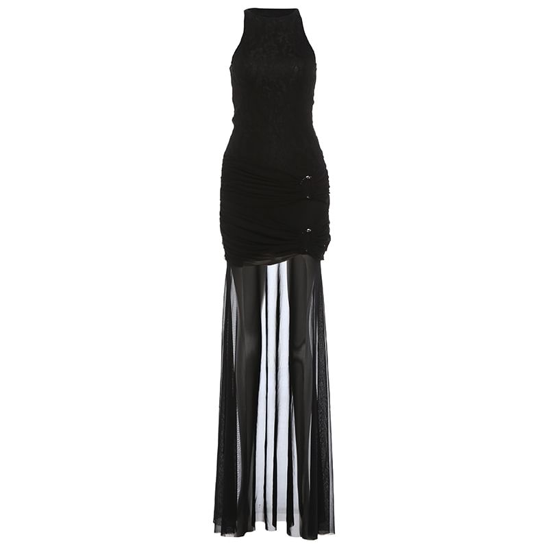 Halter Ruched Asymmetrical Lace Maxi Sheath Dress