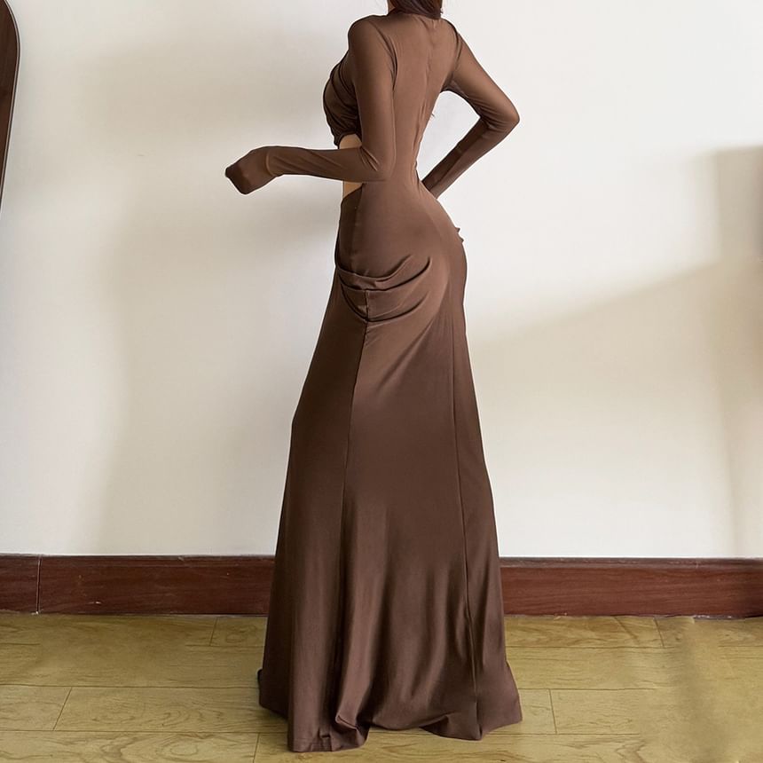 Long-Sleeve Mock Neck Plain Mesh Panel Cutout Maxi Sheath Dress