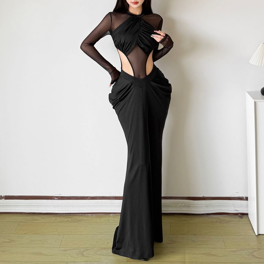 Long-Sleeve Mock Neck Plain Mesh Panel Cutout Maxi Sheath Dress