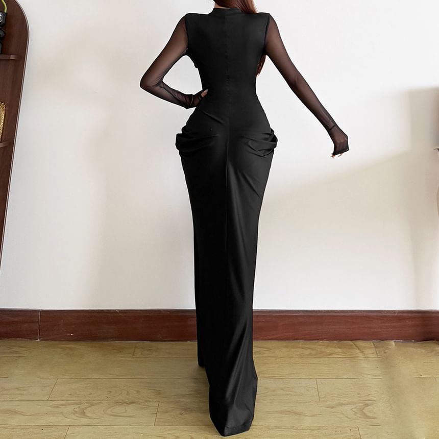Long-Sleeve Mock Neck Plain Mesh Panel Cutout Maxi Sheath Dress