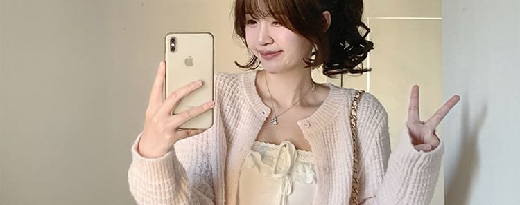 Crew Neck Button-Up Plain Cardigan