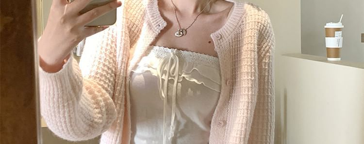 Crew Neck Button-Up Plain Cardigan