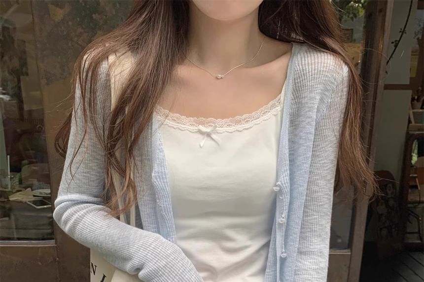 V-Neck Button-Up Plain Sheer Crop Cardigan
