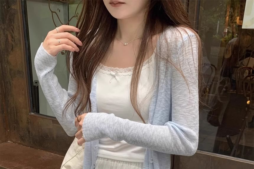 V-Neck Button-Up Plain Sheer Crop Cardigan