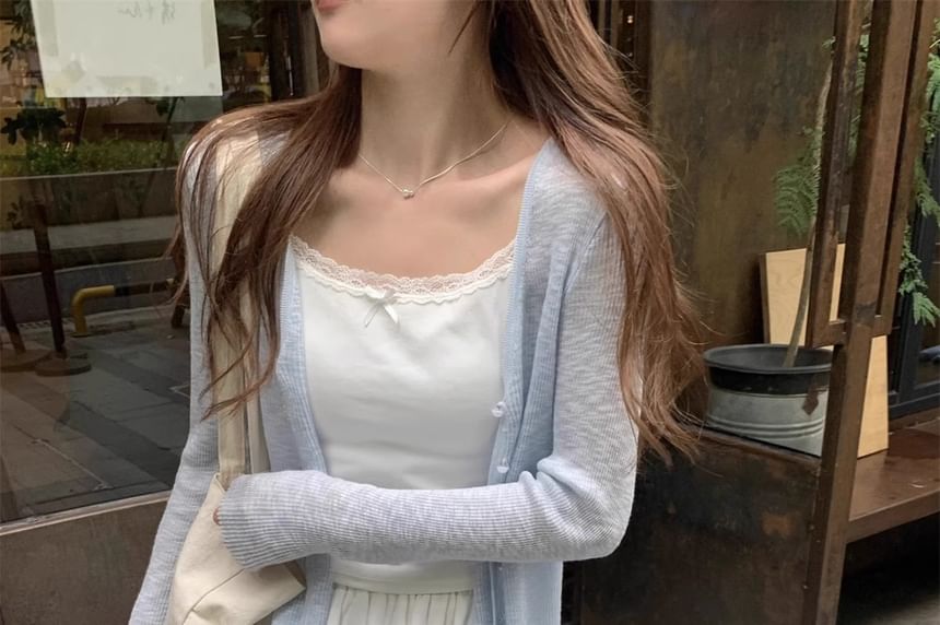 V-Neck Button-Up Plain Sheer Crop Cardigan