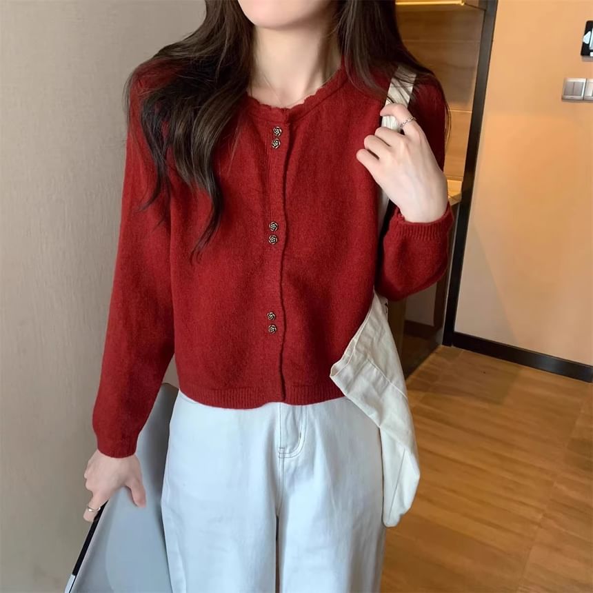 Crew Neck Button-Up Plain Crop Cardigan