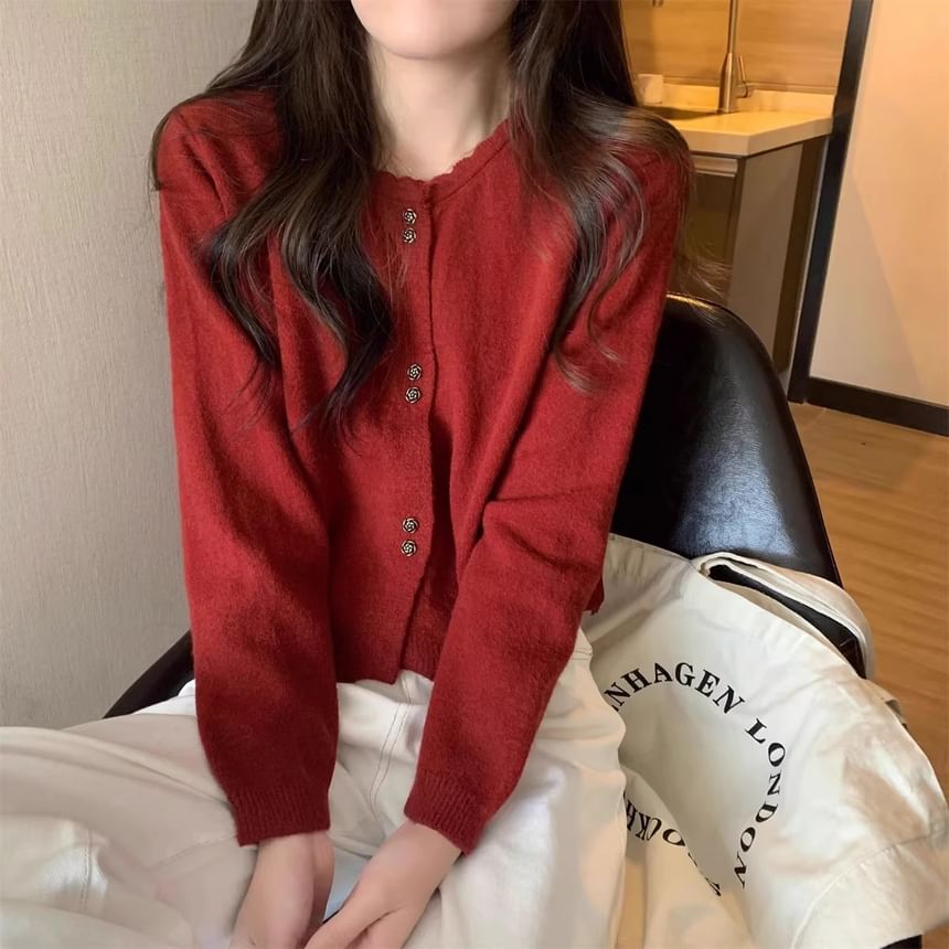 Crew Neck Button-Up Plain Crop Cardigan
