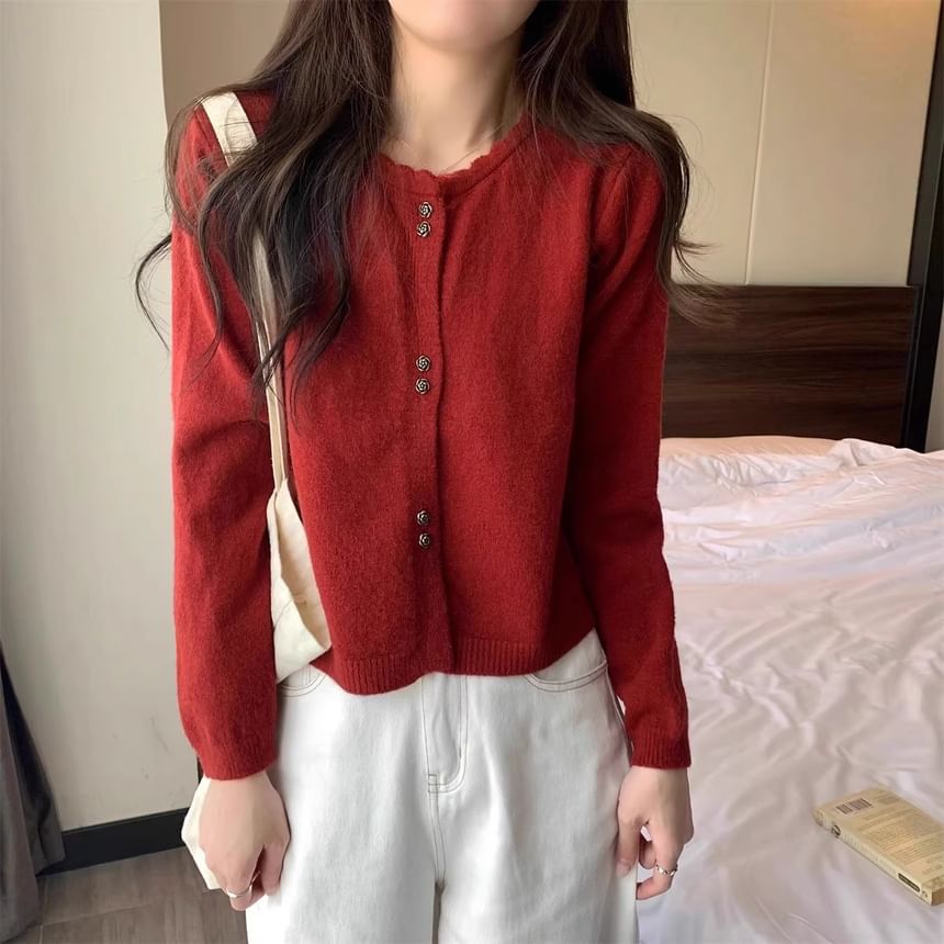 Crew Neck Button-Up Plain Crop Cardigan