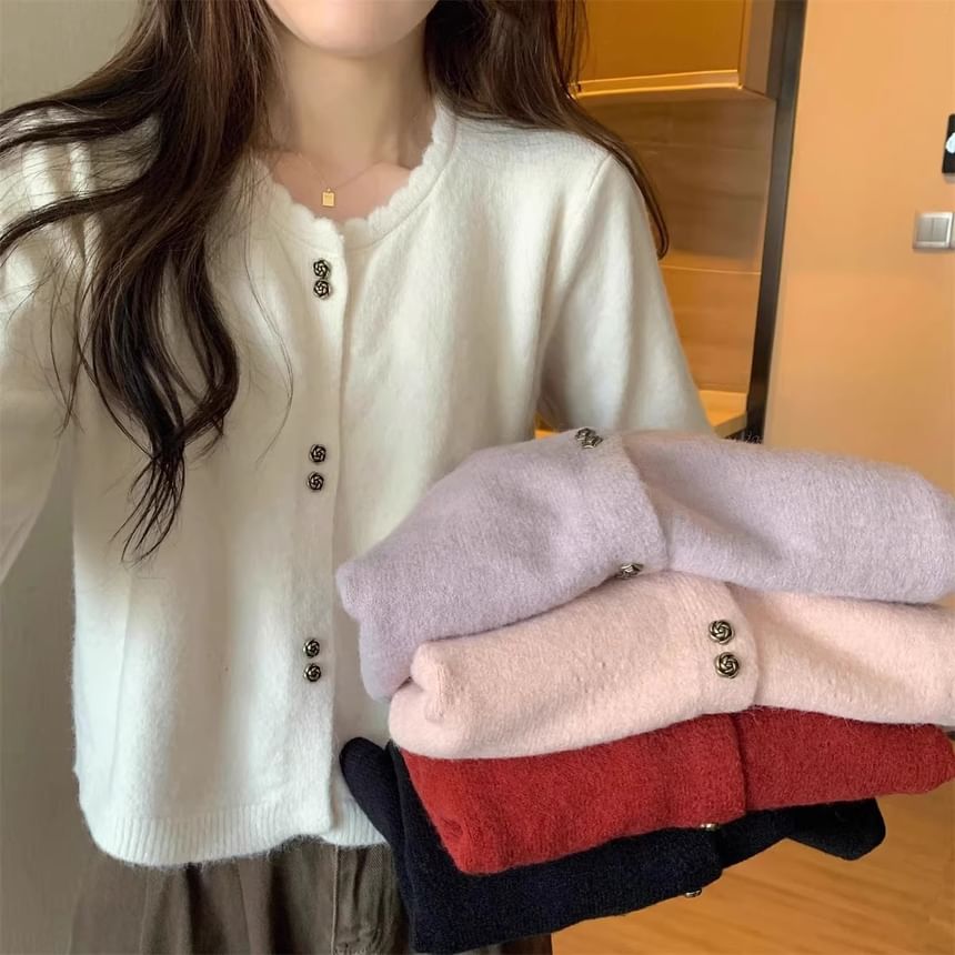 Crew Neck Button-Up Plain Crop Cardigan