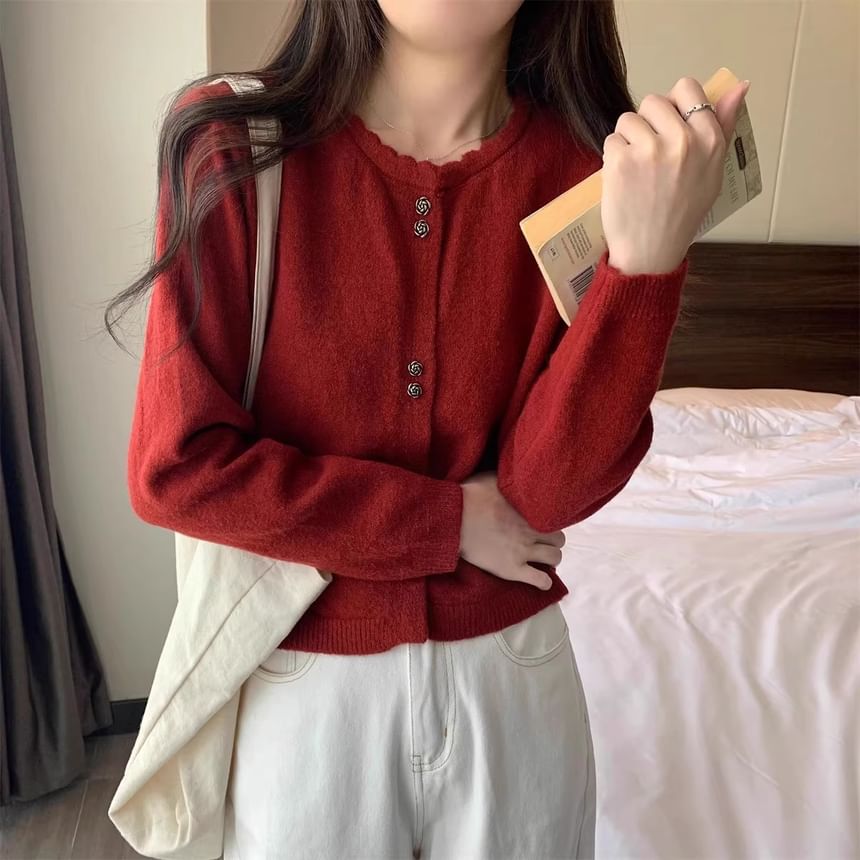 Crew Neck Button-Up Plain Crop Cardigan