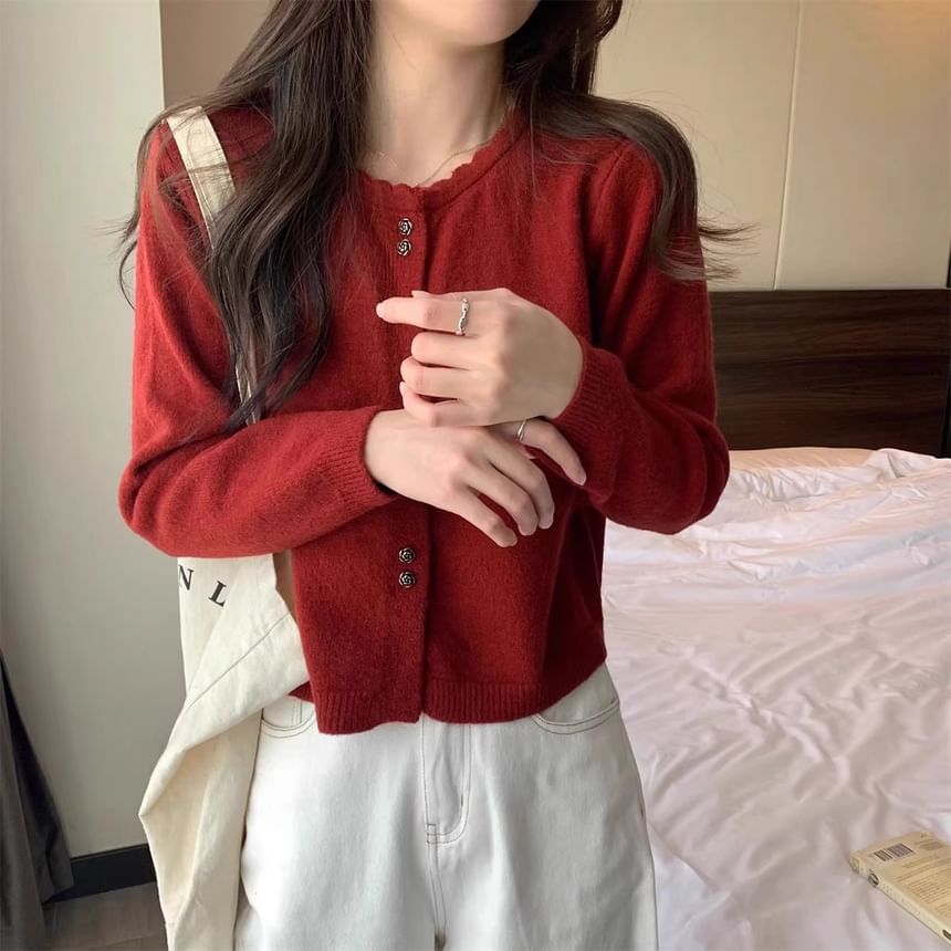 Crew Neck Button-Up Plain Crop Cardigan
