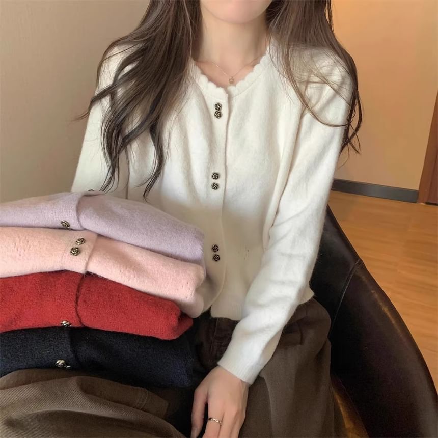 Crew Neck Button-Up Plain Crop Cardigan