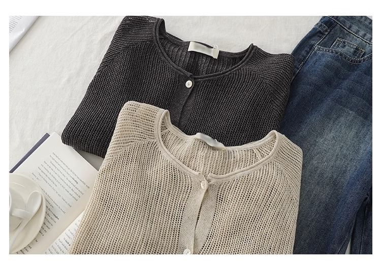 Crew Neck Button-Up Plain Sheer Cardigan
