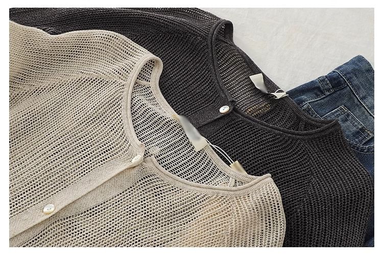 Crew Neck Button-Up Plain Sheer Cardigan
