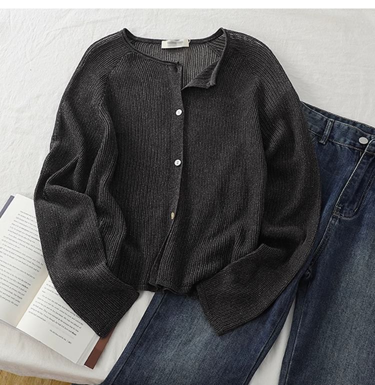 Crew Neck Button-Up Plain Sheer Cardigan