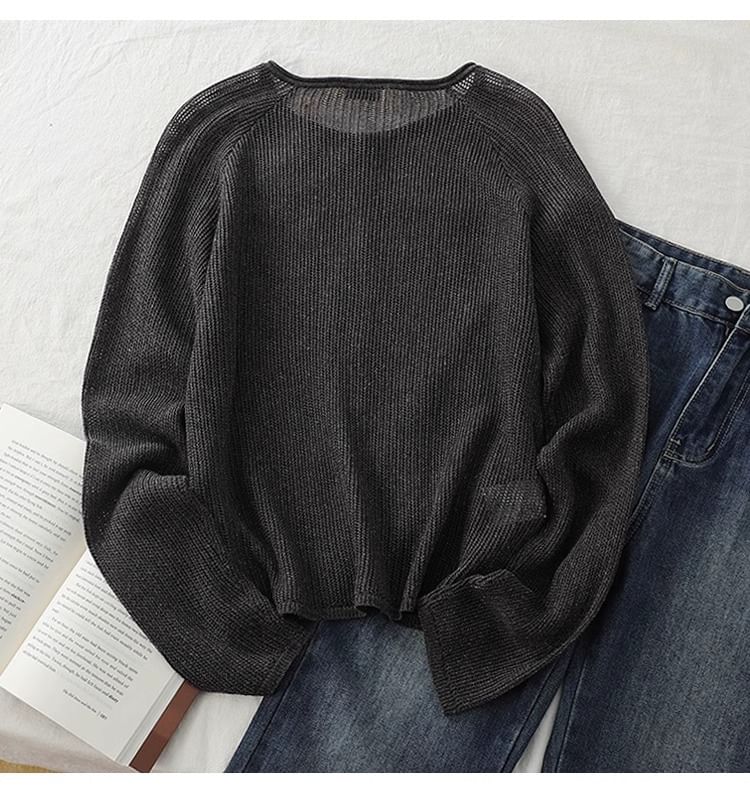 Crew Neck Button-Up Plain Sheer Cardigan