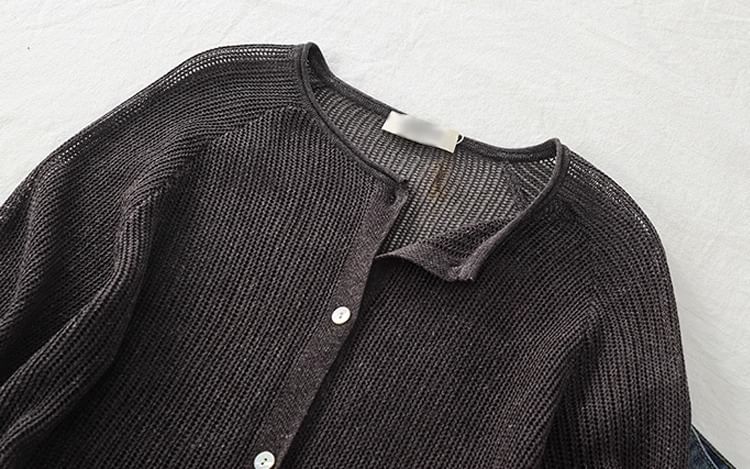 Crew Neck Button-Up Plain Sheer Cardigan