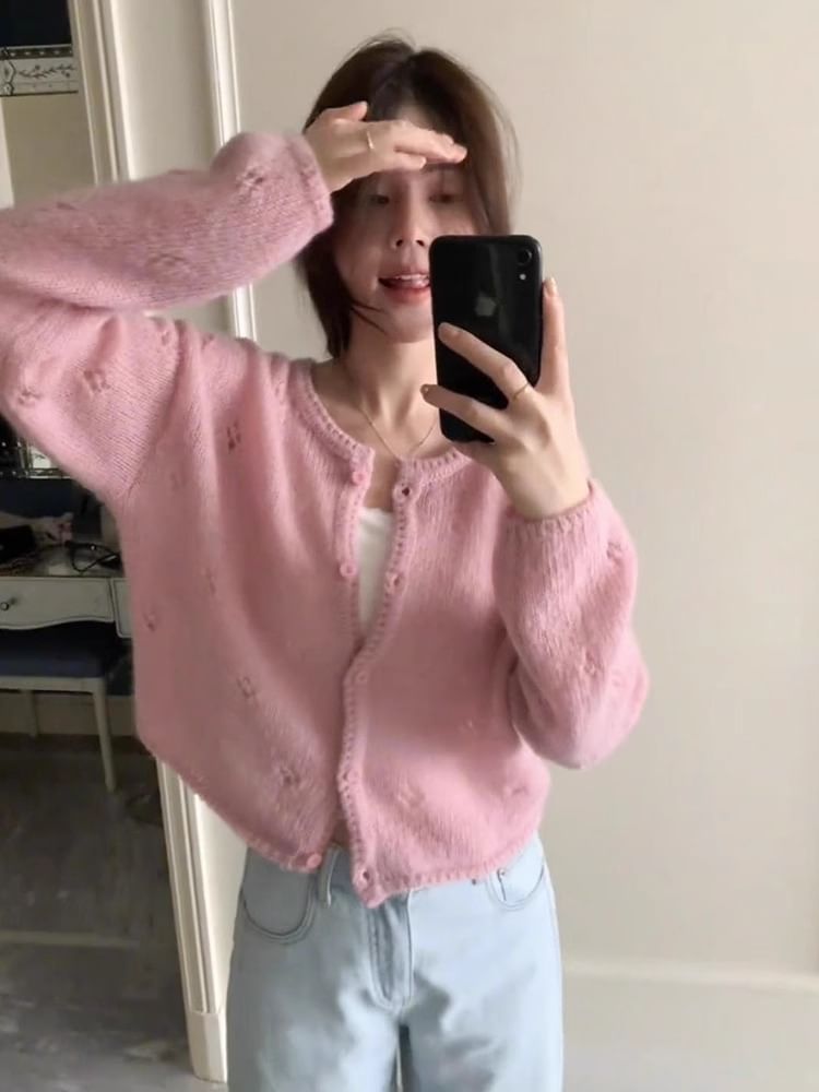 Crew Neck Perforated Button-Up Plain Crop Cardigan