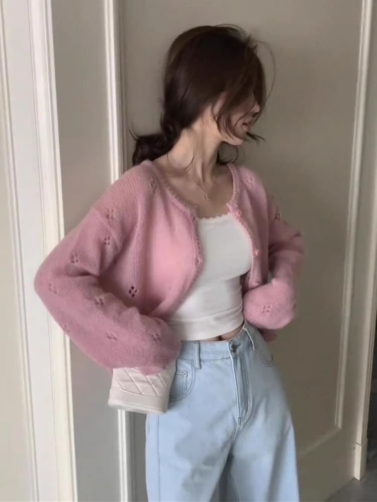 Crew Neck Perforated Button-Up Plain Crop Cardigan