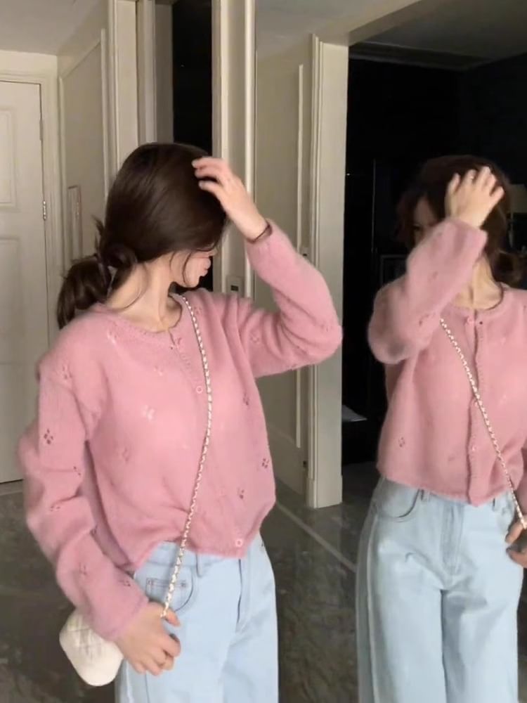 Crew Neck Perforated Button-Up Plain Crop Cardigan