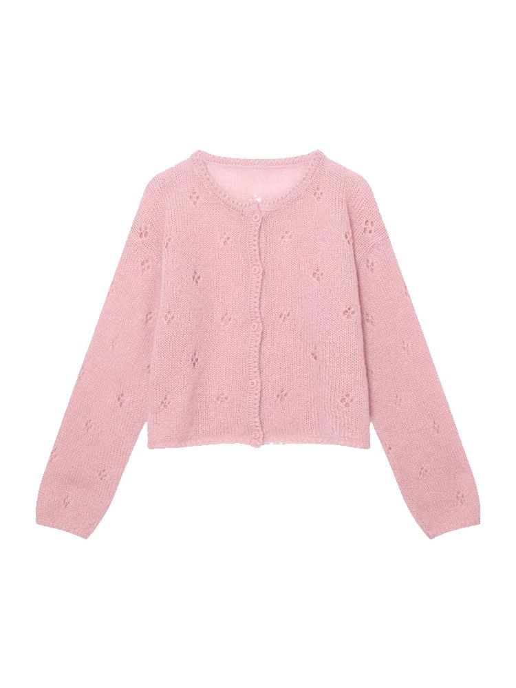 Crew Neck Perforated Button-Up Plain Crop Cardigan