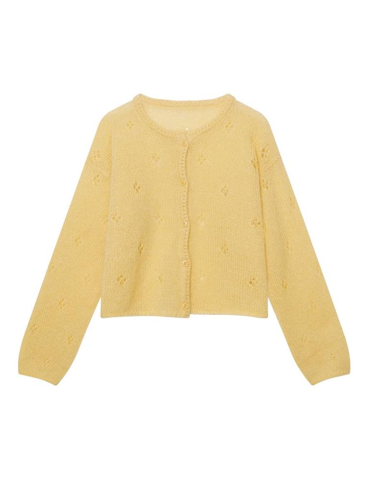 Crew Neck Perforated Button-Up Plain Crop Cardigan