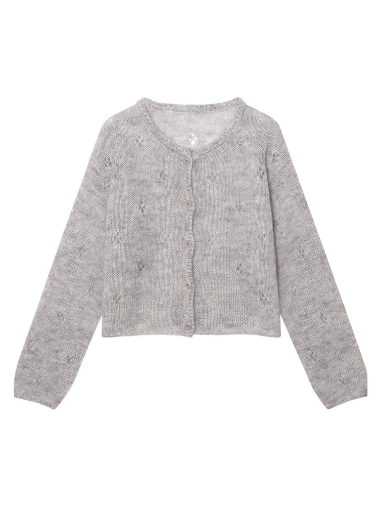 Crew Neck Perforated Button-Up Plain Crop Cardigan