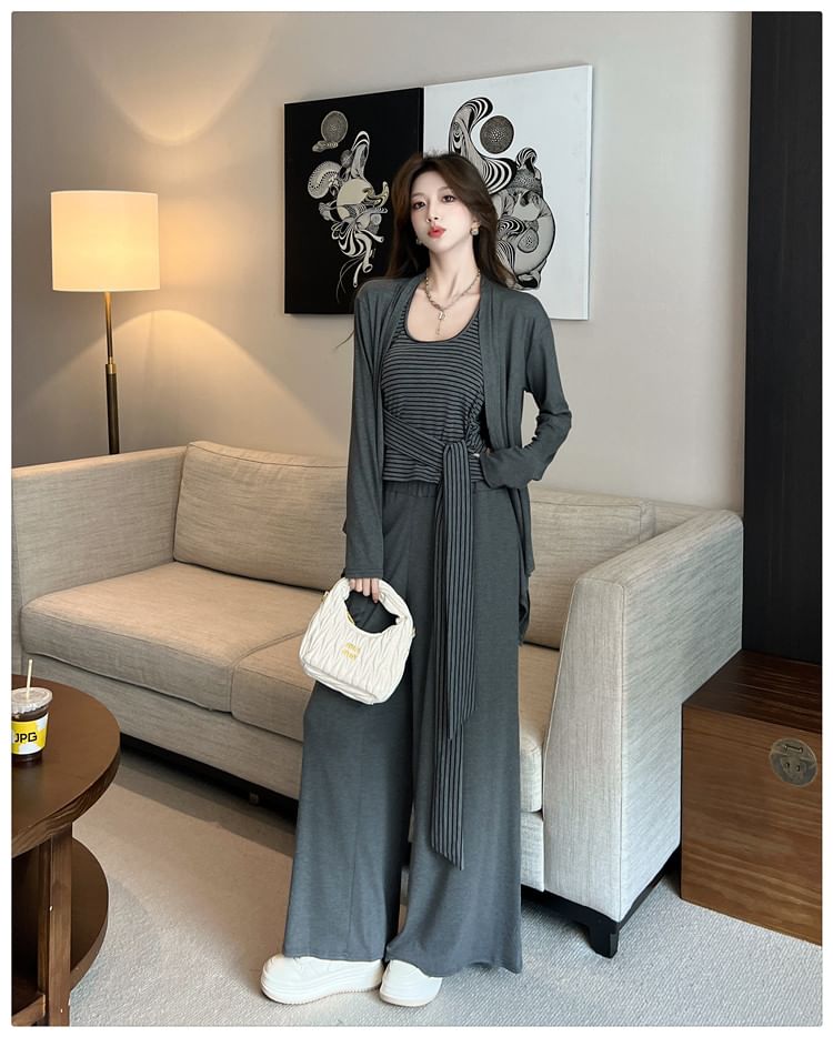 Set: Halter Neck Striped Tie Waist Crop Top + Plain Open Front Cardigan + High Waist Wide Leg Pants