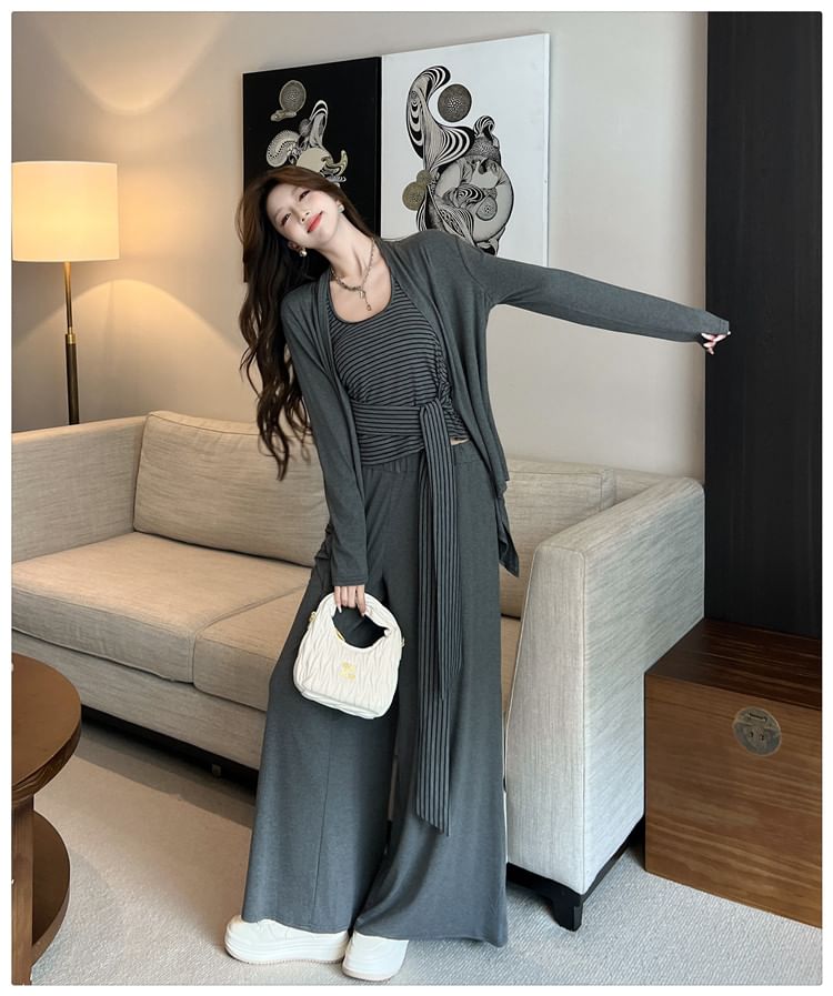 Set: Halter Neck Striped Tie Waist Crop Top + Plain Open Front Cardigan + High Waist Wide Leg Pants