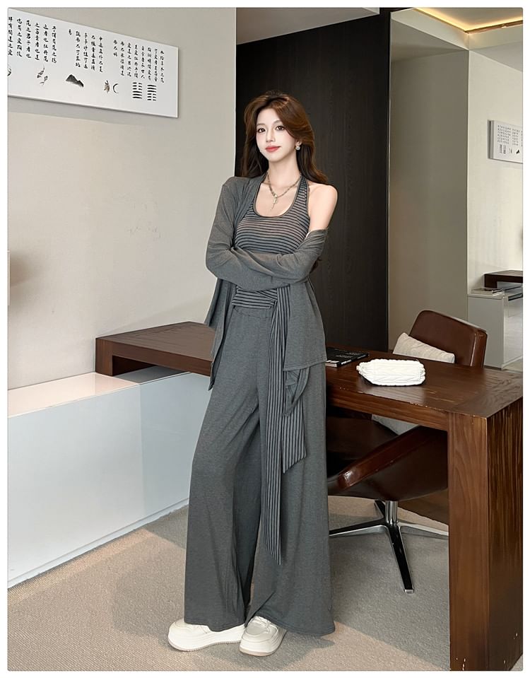 Set: Halter Neck Striped Tie Waist Crop Top + Plain Open Front Cardigan + High Waist Wide Leg Pants