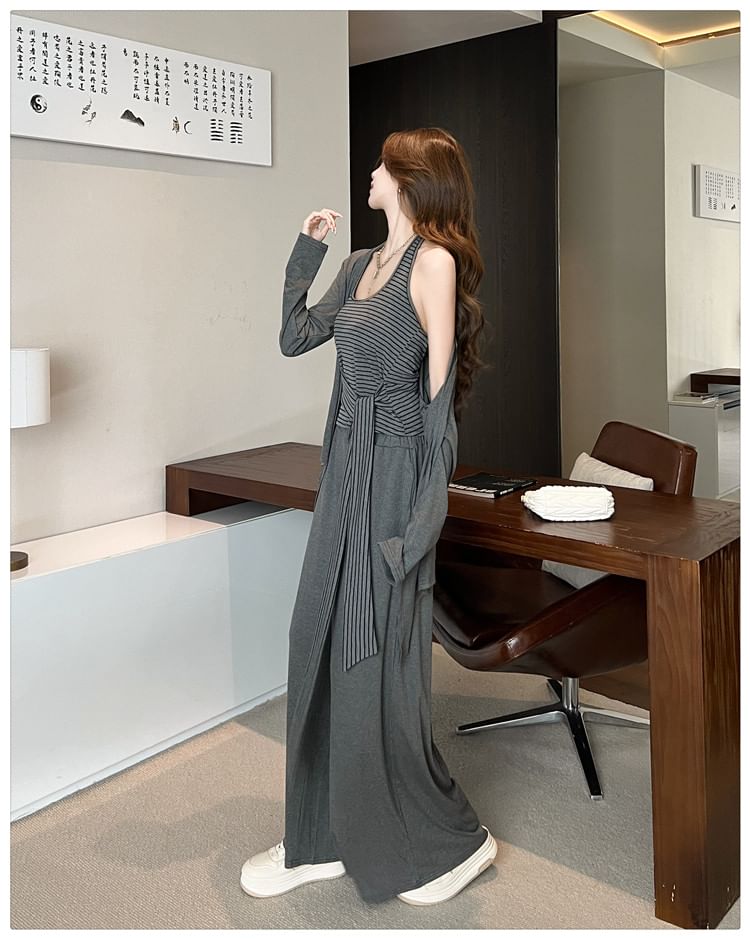 Set: Halter Neck Striped Tie Waist Crop Top + Plain Open Front Cardigan + High Waist Wide Leg Pants