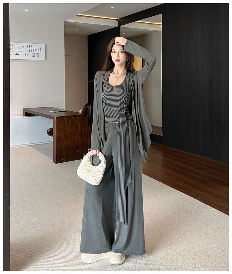 Set: Halter Neck Striped Tie Waist Crop Top + Plain Open Front Cardigan + High Waist Wide Leg Pants