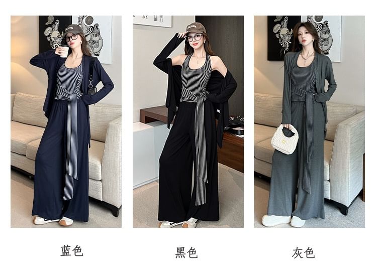 Set: Halter Neck Striped Tie Waist Crop Top + Plain Open Front Cardigan + High Waist Wide Leg Pants