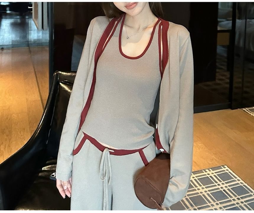 Set: Scoop Neck Contrast Trim Knit Tank Top + Drawstring Waist Wide Leg Pants + V-Neck Button-Up Cardigan