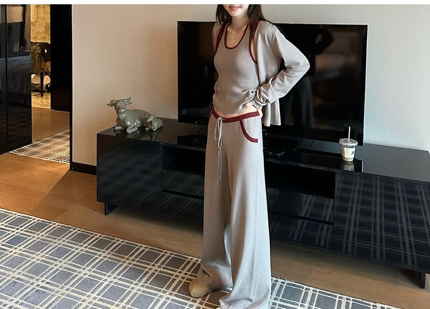 Set: Scoop Neck Contrast Trim Knit Tank Top + Drawstring Waist Wide Leg Pants + V-Neck Button-Up Cardigan