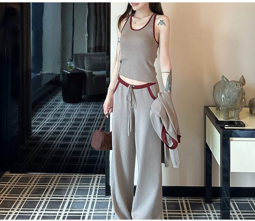 Set: Scoop Neck Contrast Trim Knit Tank Top + Drawstring Waist Wide Leg Pants + V-Neck Button-Up Cardigan