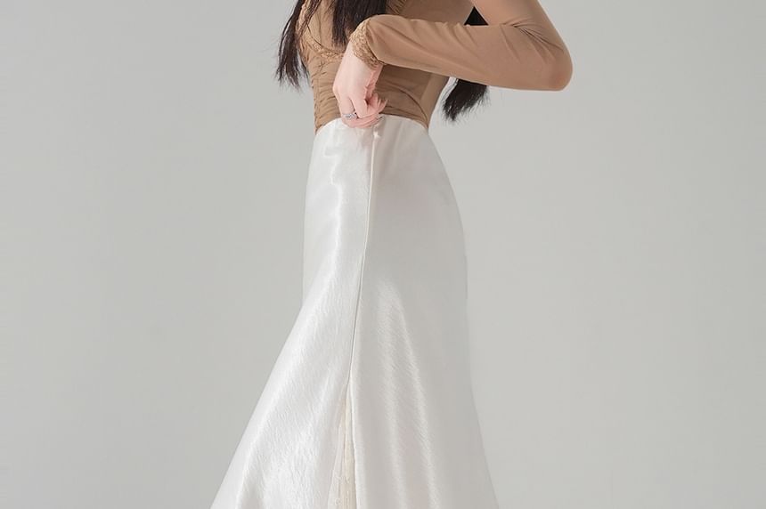 Satin Panel Lace Maxi A-Line Skirt - Altfashion Shop
