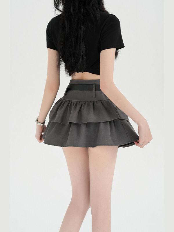 Ruffle Mini A-Line Skirt with Belt Set - Altfashion Shop
