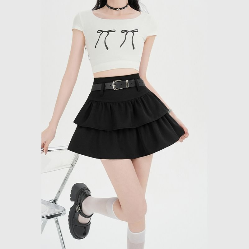 Ruffle Mini A-Line Skirt with Belt Set - Altfashion Shop