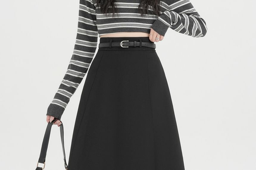 Midi A-Line Skirt with Belt Set - Altfashion Shop