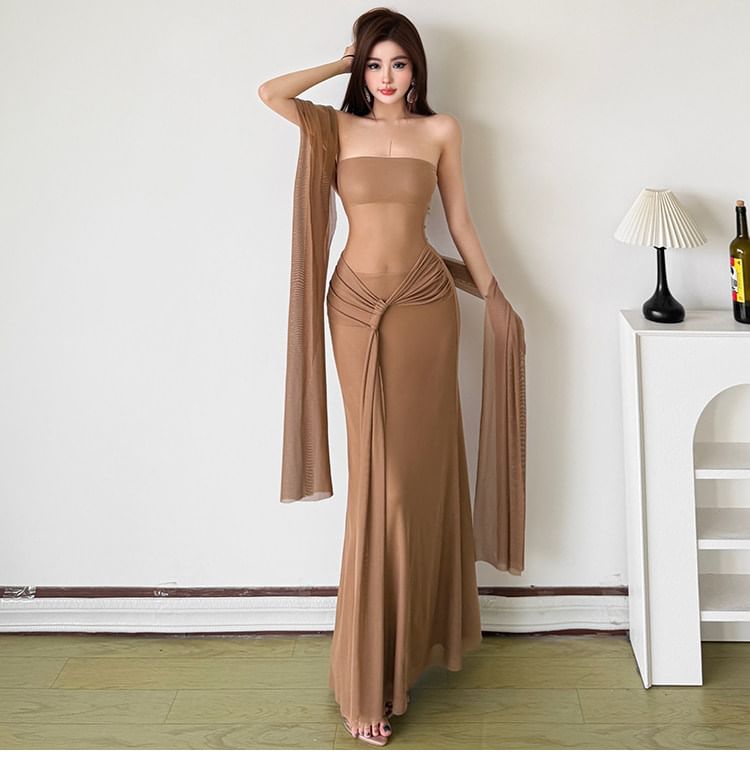 Set: Strapless Plain Sheer Panel Tie Waist Maxi Bodycon Dress + Scarf