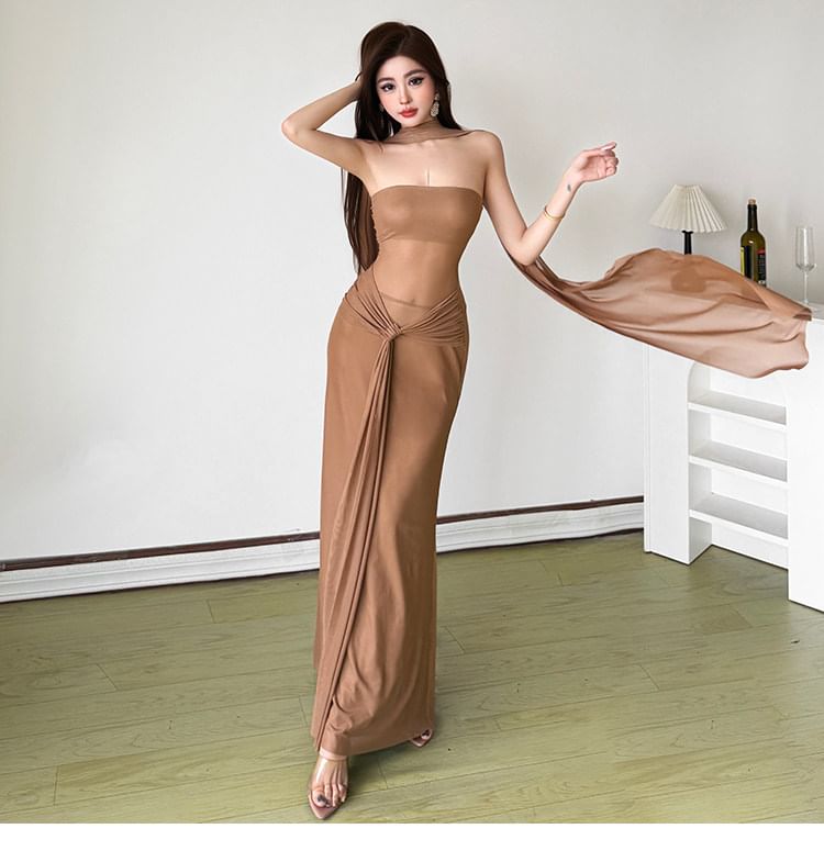 Set: Strapless Plain Sheer Panel Tie Waist Maxi Bodycon Dress + Scarf