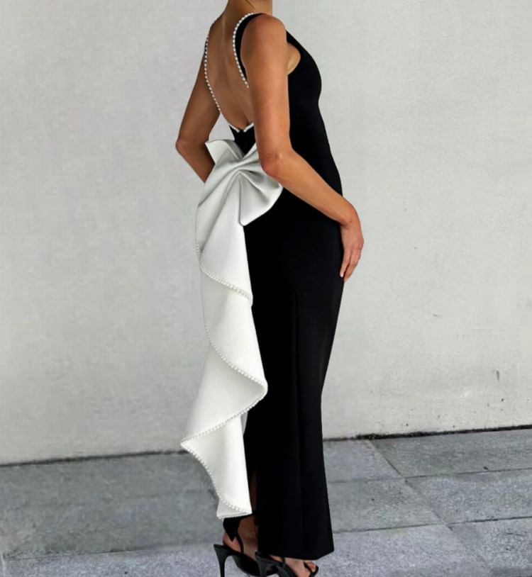 Sleeveless Round Neck Faux Pearl Detail Maxi Bodycon Dress