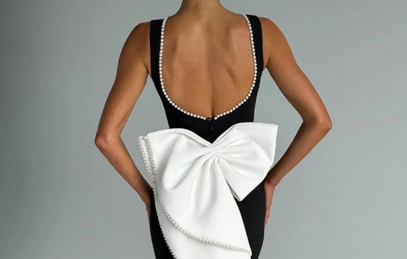 Sleeveless Round Neck Faux Pearl Detail Maxi Bodycon Dress
