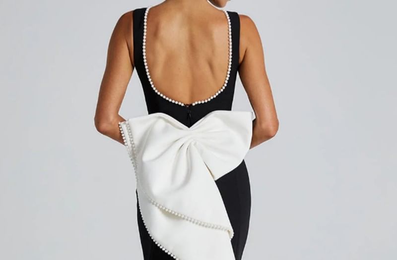 Sleeveless Round Neck Faux Pearl Detail Maxi Bodycon Dress